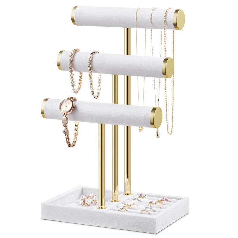 Josmimic Bracelet Holder Jewelry Organizer Display - 3 Tier T Bar Velvet Stand, White Jewelry Storage for Bracelet, Necklaces, Earrings, Watches - Image 1