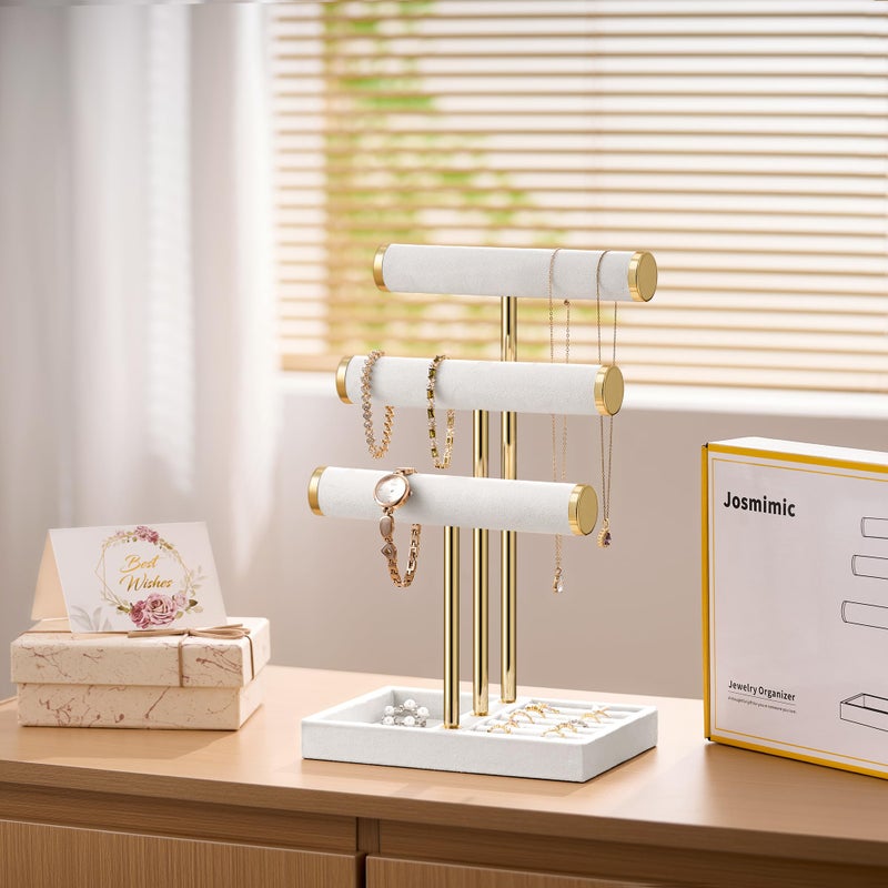 Josmimic Bracelet Holder Jewelry Organizer Display - 3 Tier T Bar Velvet Stand, White Jewelry Storage for Bracelet, Necklaces, Earrings, Watches - Image 5