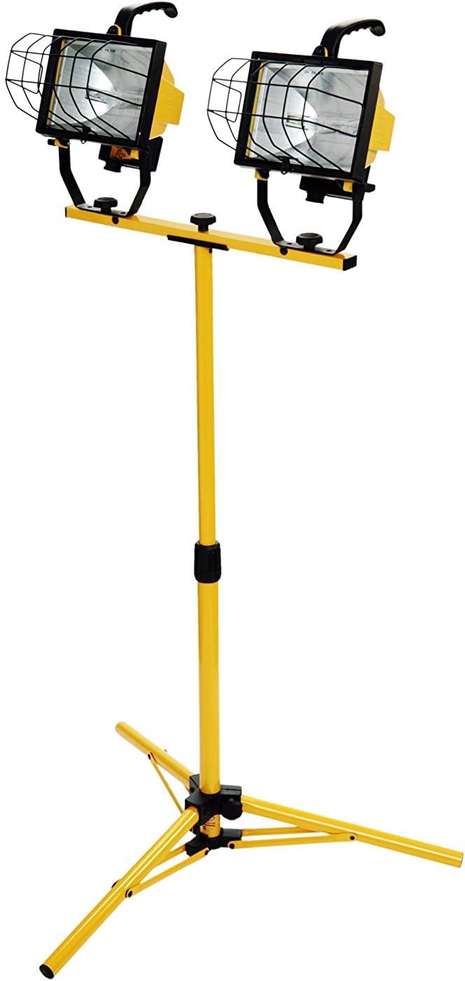 Woods L13 Twin Head Work Light Adjustable Tripod Up To 42 Inches Tall 16000 Lumen 4Foot 183 Cord Cord Storage Bracket Weather Proof Power Switch Per Lamp For Individual Control Includes 2 500watt Quartz Halogen Bulbs - Image 1