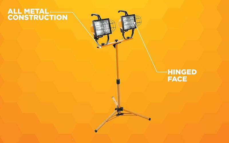 Woods L13 Twin Head Work Light Adjustable Tripod Up To 42 Inches Tall 16000 Lumen 4Foot 183 Cord Cord Storage Bracket Weather Proof Power Switch Per Lamp For Individual Control Includes 2 500watt Quartz Halogen Bulbs - Image 3
