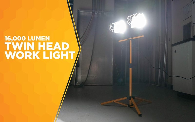 Woods L13 Twin Head Work Light Adjustable Tripod Up To 42 Inches Tall 16000 Lumen 4Foot 183 Cord Cord Storage Bracket Weather Proof Power Switch Per Lamp For Individual Control Includes 2 500watt Quartz Halogen Bulbs - Image 2