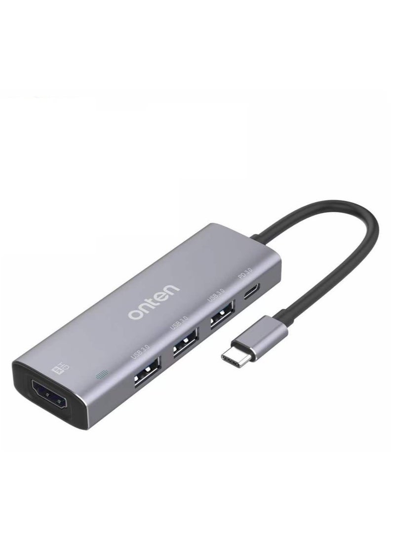 onten - USB-C Multifunction Adapter to 4K HDMI Multiport Adapter with PD Charging 3 USB 3.0 Ports Silver/Black - Image 1