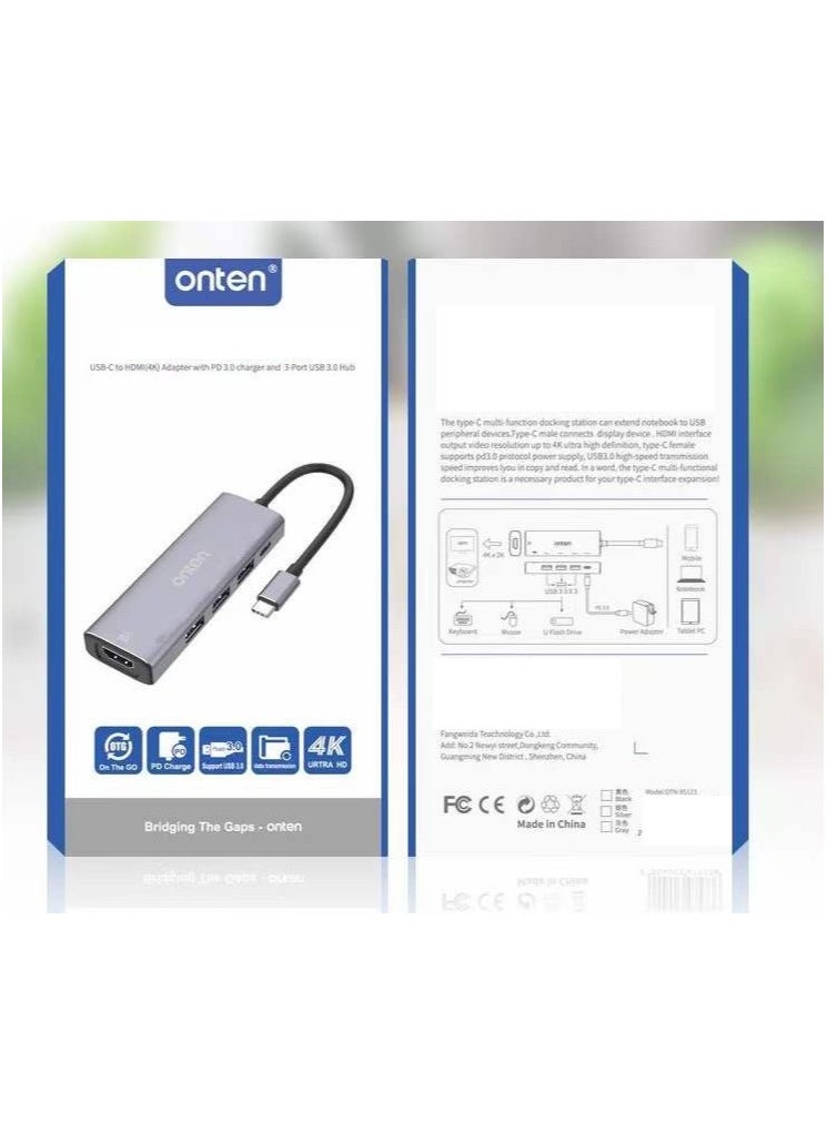 onten - USB-C Multifunction Adapter to 4K HDMI Multiport Adapter with PD Charging 3 USB 3.0 Ports Silver/Black - Image 1