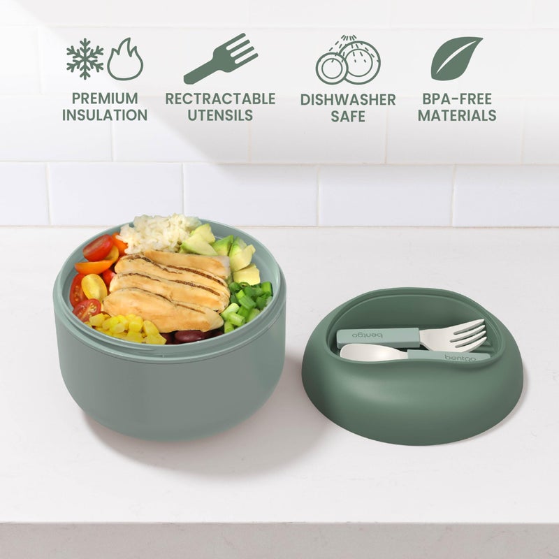 Bentgo Bowl - Insulated Leak-Resistant Bowl with Collapsible Utensils, Snack Compartment and Improved Easy-Grip Design for On-the-Go - Holds Soup, Rice, Cereal & More - BPA-Free, 21.2 oz (Khaki Green) - Image 5
