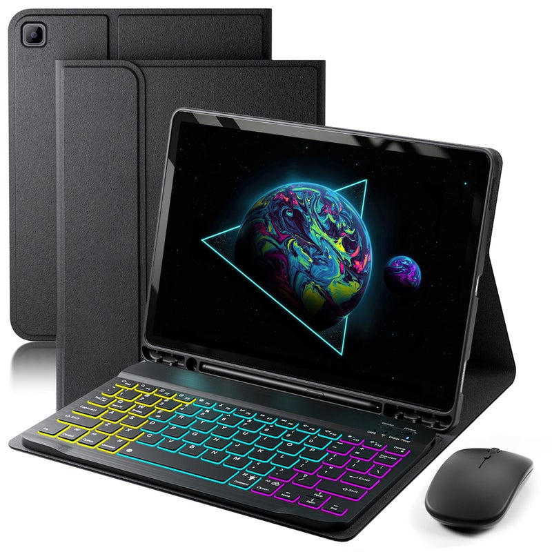 SAMTUNK Keyboard Case for Samsung Galaxy Tab A7 10.4 inch 2020 Cover - 7 Color Rainbow Change Backlit Detachable Magnetic Keyboard with S Pen Holder with Mouse - Black - Image 1