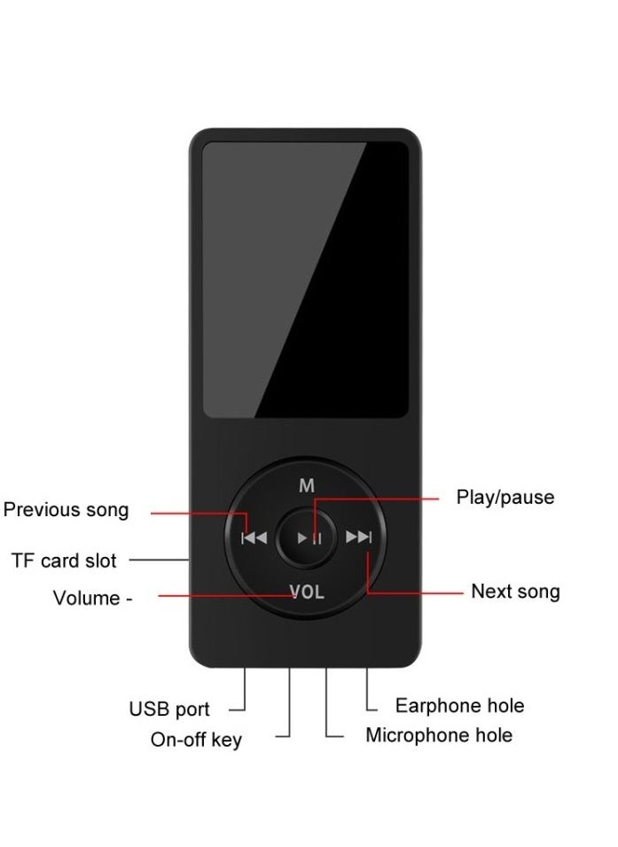 Halamine - Portable MP4 player, MP3 music player, 1.8-inch LCD video player, supports TF card, music, FM radio, video e-book, recorder, English listening, easy to carry, Black - Image 1