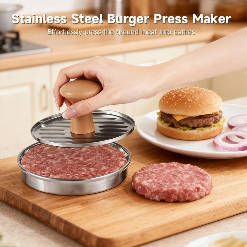 Burger Press Patty Maker, 304 Stainless Steel Hamburger Press with Wood Handle, Non-Stick, 5.1 X 5.1 X 3.1 in for Kitchen, BBQ, Restaurant - Image 5