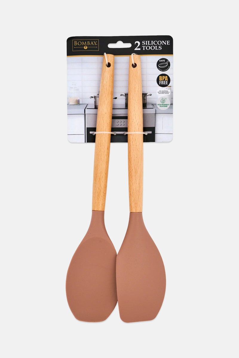 Bombay 2 Pieces Silicone Spatula And Spoon Set, Brown - Image 1