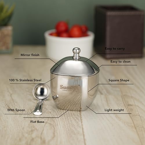 Sumeet Stainless Steel Square Shape Ghee and Oil Pot, Storage Container with Spoon for Kitchen, 6.5cm Dia, 160ML - Silver (Pack of 2) - Image 2
