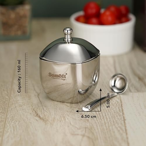Sumeet Stainless Steel Square Shape Ghee and Oil Pot, Storage Container with Spoon for Kitchen, 6.5cm Dia, 160ML - Silver (Pack of 2) - Image 4