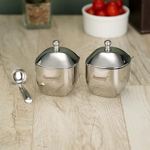 Sumeet Stainless Steel Square Shape Ghee and Oil Pot, Storage Container with Spoon for Kitchen, 6.5cm Dia, 160ML - Silver (Pack of 2) - Image 1