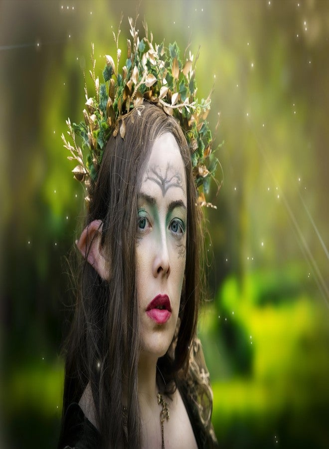 MOSTORY Handmade Woodland Halo Crown - Forest Headband Flower Hairband Goddess Floral Crown for Women Girls Cosplay Party Renaissance Mardi Gras Carnival Wedding Photo Shoot Gold Green - Image 3