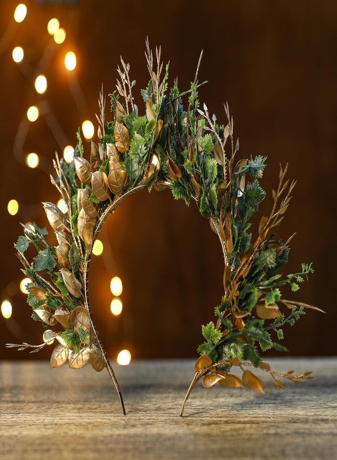 MOSTORY Handmade Woodland Halo Crown - Forest Headband Flower Hairband Goddess Floral Crown for Women Girls Cosplay Party Renaissance Mardi Gras Carnival Wedding Photo Shoot Gold Green - Image 5