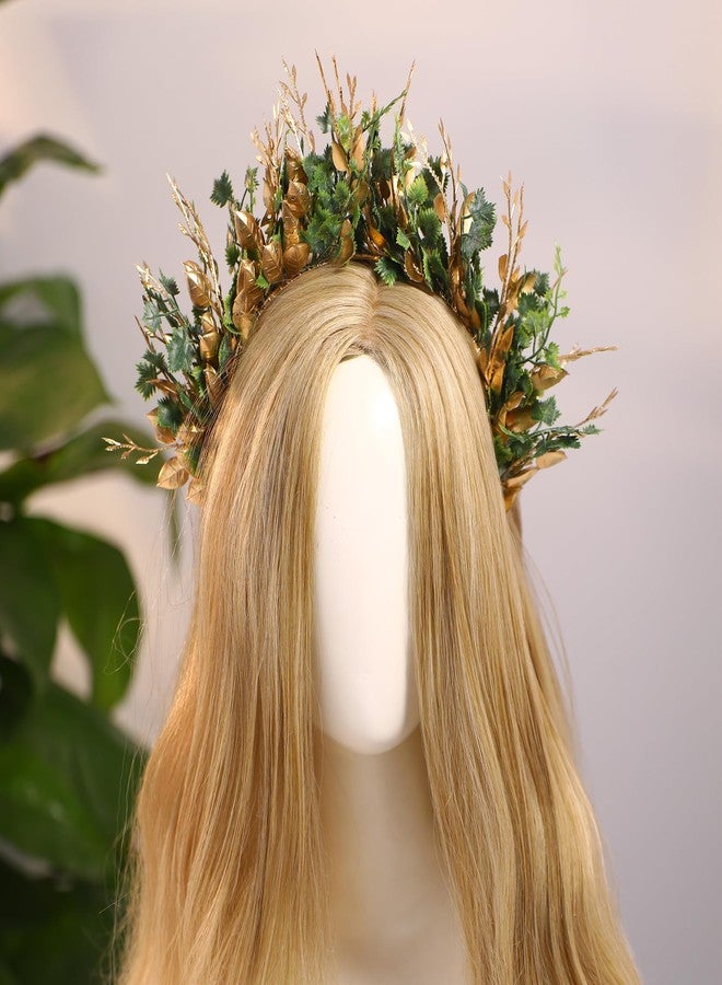 MOSTORY Handmade Woodland Halo Crown - Forest Headband Flower Hairband Goddess Floral Crown for Women Girls Cosplay Party Renaissance Mardi Gras Carnival Wedding Photo Shoot Gold Green - Image 4