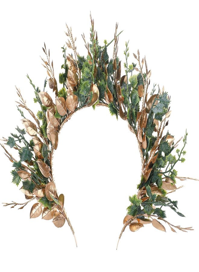 MOSTORY Handmade Woodland Halo Crown - Forest Headband Flower Hairband Goddess Floral Crown for Women Girls Cosplay Party Renaissance Mardi Gras Carnival Wedding Photo Shoot Gold Green - Image 1