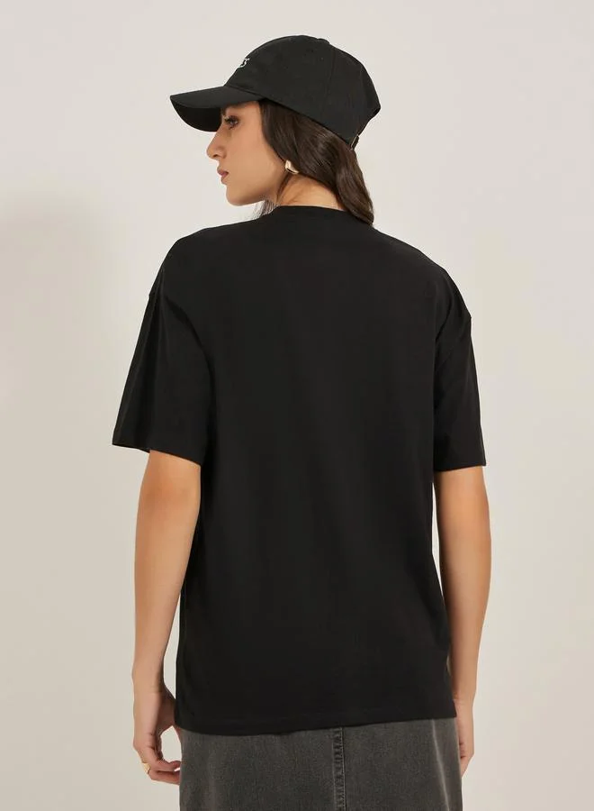 Styli Slogan Print Oversized Round Neck T-Shirt