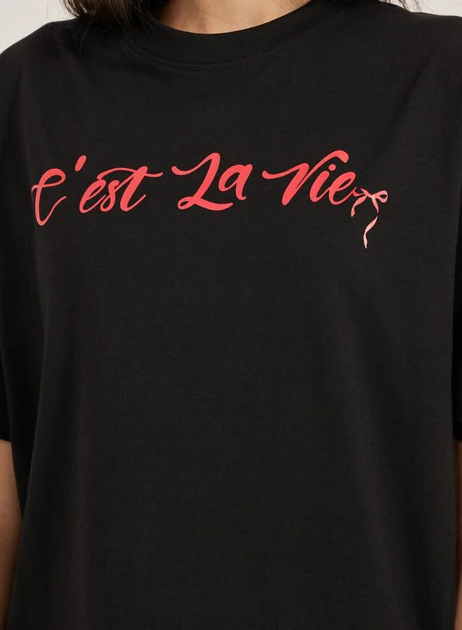 Styli Slogan Print Oversized Round Neck T-Shirt