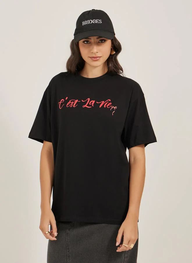 Styli Slogan Print Oversized Round Neck T-Shirt