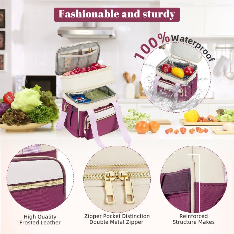 holuxer Insulated Lunch Bag & Lunch Box for Women - Double Deck Reusable Lunch Bag for men Tote Cooler Bag Leakproof Soft Expandable - Large Lunchbox for Work/Adult/Picnic/Outdoor (Light Purpleï¼Œ15L) - Image 4