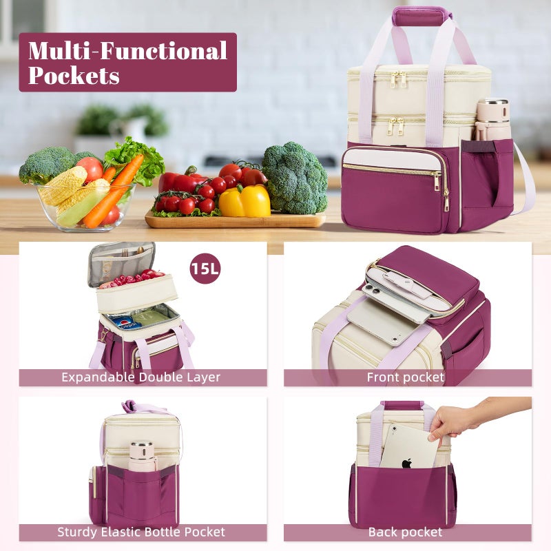 holuxer Insulated Lunch Bag & Lunch Box for Women - Double Deck Reusable Lunch Bag for men Tote Cooler Bag Leakproof Soft Expandable - Large Lunchbox for Work/Adult/Picnic/Outdoor (Light Purpleï¼Œ15L) - Image 3