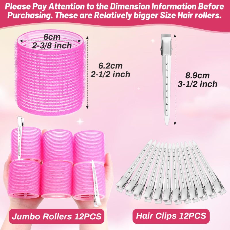 selizo Jumbo Hair Rollers Set - 24 Pieces with 12 Large Rollers and 12 Clips for Voluminous Long Thick Hair (Hot Pink) - Image 3
