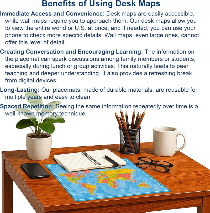 NewSpaceView 2-Sided Desk Map with Durable Lamination (1 Pack: Children's US Map/Europe Centered World 17.5 x 11.5 inches) - Image 4