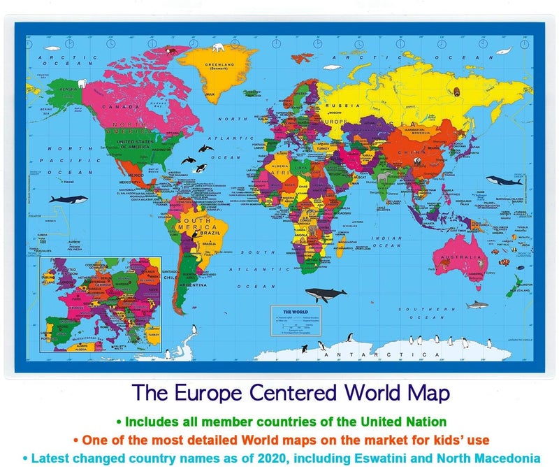 NewSpaceView 2-Sided Desk Map with Durable Lamination (1 Pack: Children's US Map/Europe Centered World 17.5 x 11.5 inches) - Image 2