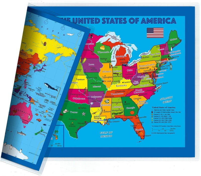 NewSpaceView 2-Sided Desk Map with Durable Lamination (1 Pack: Children's US Map/Europe Centered World 17.5 x 11.5 inches) - Image 1