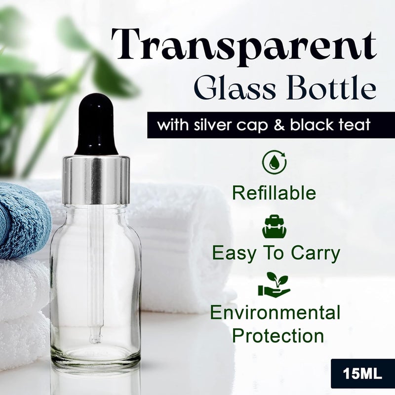 nsb herbals زجاجة زجاجية فارغة دائرية شفافة 15 مل مع قطارة زجاجية وحلقة فضية وحلمة سيليكون سوداء، قابلة لإعادة التعبئة، للزيوت الأساسية والعطور (عبوة من 3) - Image 4