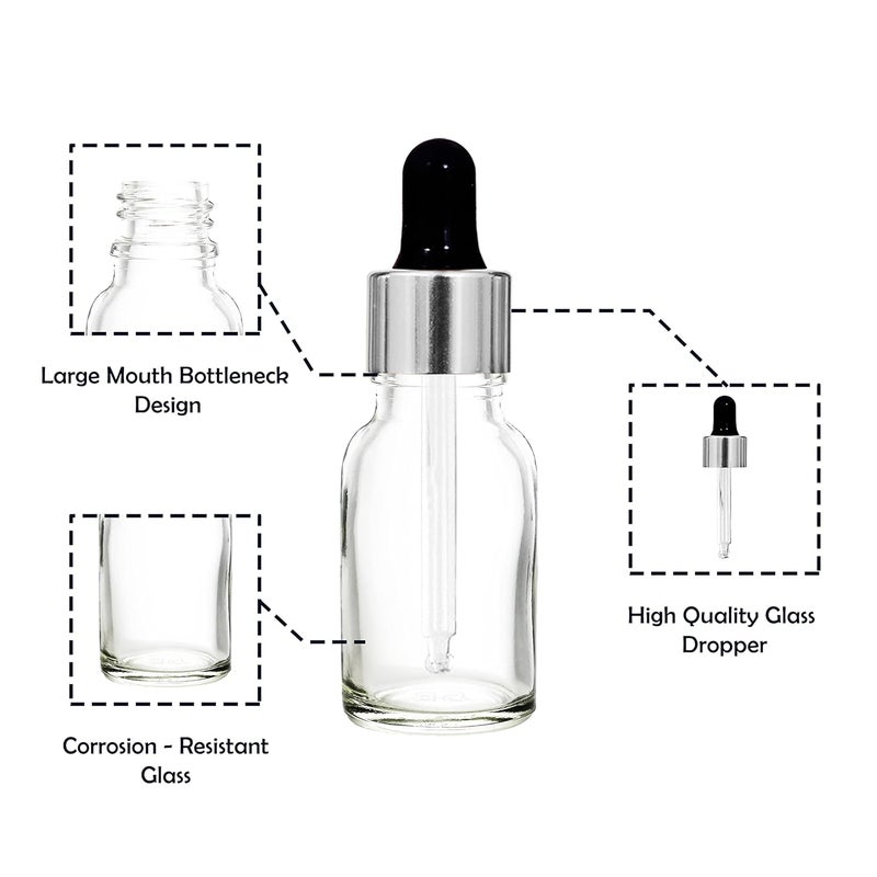 nsb herbals زجاجة زجاجية فارغة دائرية شفافة 15 مل مع قطارة زجاجية وحلقة فضية وحلمة سيليكون سوداء، قابلة لإعادة التعبئة، للزيوت الأساسية والعطور (عبوة من 3) - Image 3