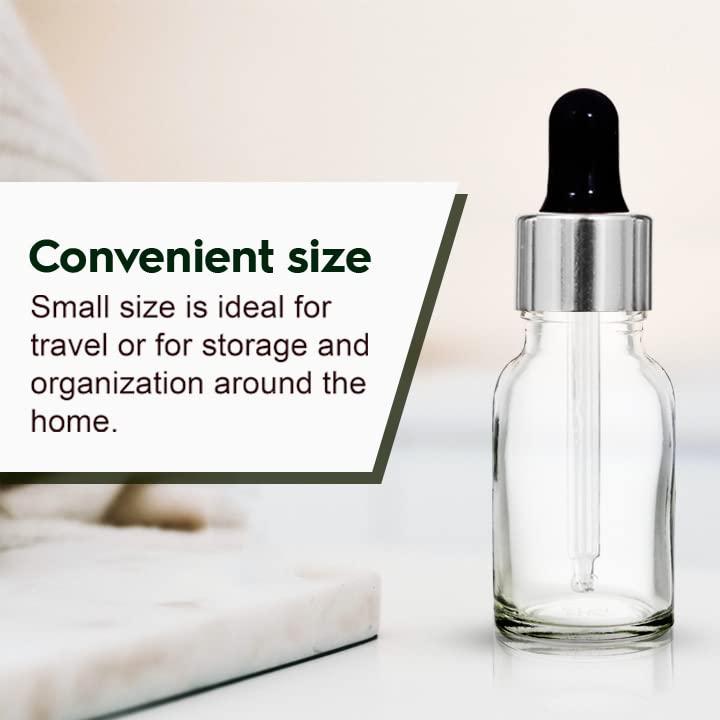 nsb herbals زجاجة زجاجية فارغة دائرية شفافة 15 مل مع قطارة زجاجية وحلقة فضية وحلمة سيليكون سوداء، قابلة لإعادة التعبئة، للزيوت الأساسية والعطور (عبوة من 3) - Image 5