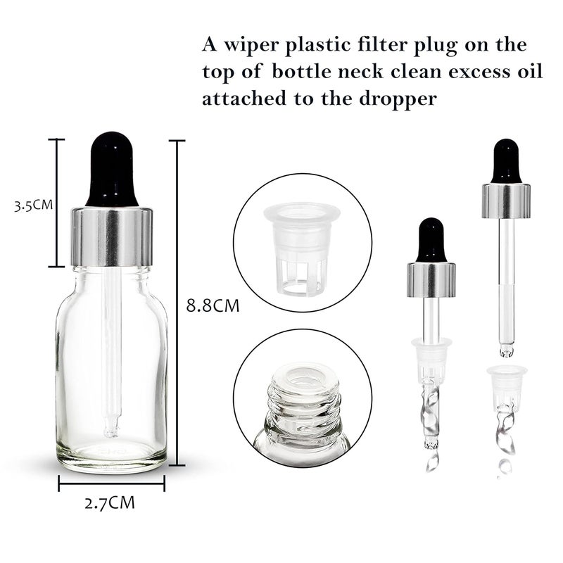 nsb herbals زجاجة زجاجية فارغة دائرية شفافة 15 مل مع قطارة زجاجية وحلقة فضية وحلمة سيليكون سوداء، قابلة لإعادة التعبئة، للزيوت الأساسية والعطور (عبوة من 3) - Image 2