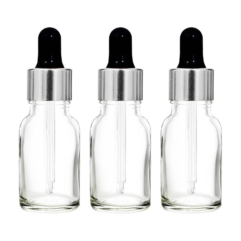 nsb herbals زجاجة زجاجية فارغة دائرية شفافة 15 مل مع قطارة زجاجية وحلقة فضية وحلمة سيليكون سوداء، قابلة لإعادة التعبئة، للزيوت الأساسية والعطور (عبوة من 3) - Image 1