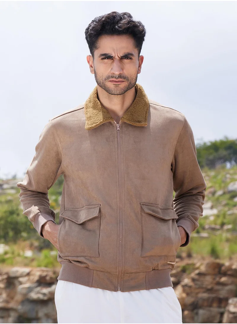 Campus Sutra Men's Beige Zip-Front Jacket With Fleece Collar