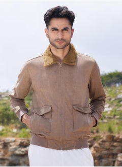 Campus Sutra Men's Beige Zip-Front Jacket With Fleece Collar  - Image 2