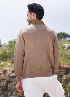 Campus Sutra Men's Beige Zip-Front Jacket With Fleece Collar  - Image 5