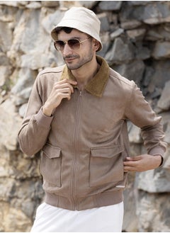 Campus Sutra Men's Beige Zip-Front Jacket With Fleece Collar  - Image 3