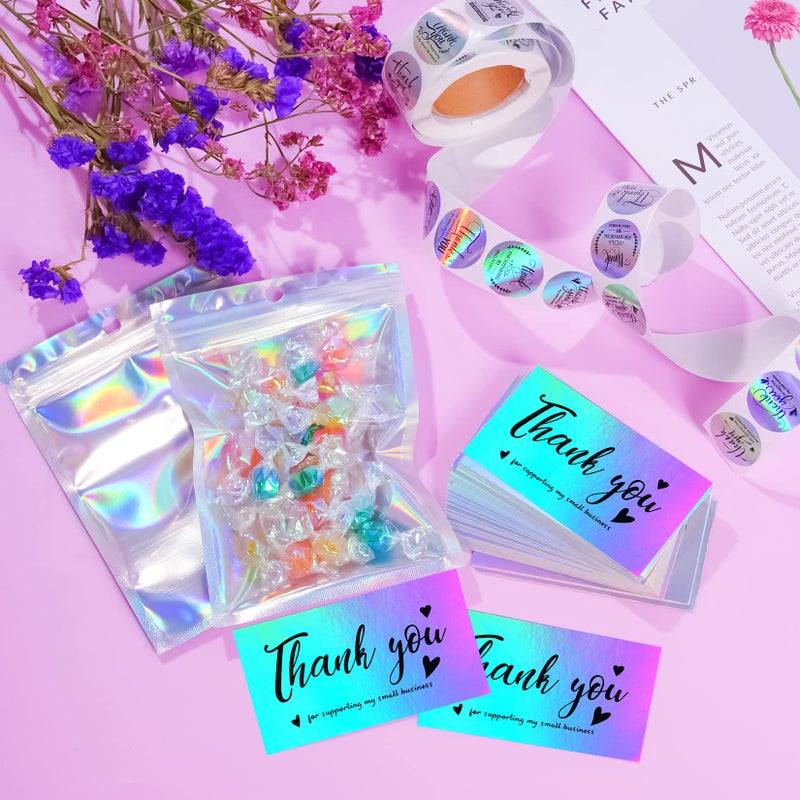 Poualss 630 Pieces Thank You Cards and Stickers Set with 30pcs Resealable Packaging Bag 500pcs Small Business Roll Stickers 100pcs Thank You Business Card for Business (Holographic) - Image 3