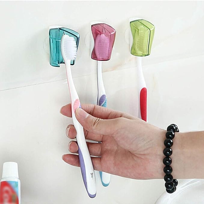 M.F.H Anti Bacterial Hygiene Caps for Toothbrush, 3PCS and Toothbrush Case with Suction Cup, 2 Pcs Wall Toothbrush with Cover Case, Bathroom Toothbrush Holder (Random Colour) (Pack of 2) - Image 2