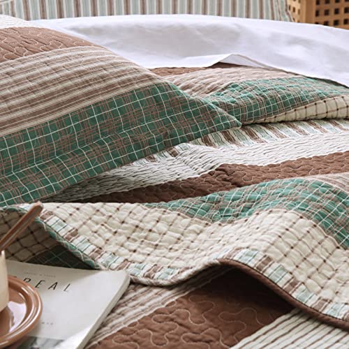 PANGUSHAN 100% Cotton Quilt Set King Size, Patchwork King Quilt Bedding Set Bedspreads, Farmhouse Lightweight Comforter Reversible Quilt, Green/Brown/Beige Bed Spread for All Season, 3 Pieces - Image 4