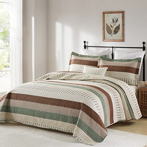 PANGUSHAN 100% Cotton Quilt Set King Size, Patchwork King Quilt Bedding Set Bedspreads, Farmhouse Lightweight Comforter Reversible Quilt, Green/Brown/Beige Bed Spread for All Season, 3 Pieces - Image 2