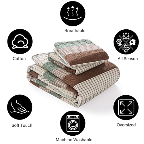 PANGUSHAN 100% Cotton Quilt Set King Size, Patchwork King Quilt Bedding Set Bedspreads, Farmhouse Lightweight Comforter Reversible Quilt, Green/Brown/Beige Bed Spread for All Season, 3 Pieces - Image 5