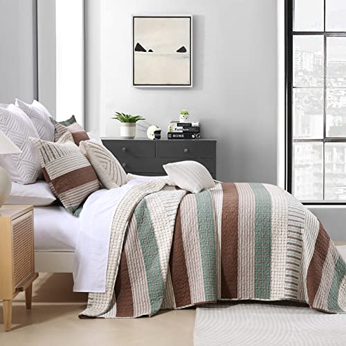 PANGUSHAN 100% Cotton Quilt Set King Size, Patchwork King Quilt Bedding Set Bedspreads, Farmhouse Lightweight Comforter Reversible Quilt, Green/Brown/Beige Bed Spread for All Season, 3 Pieces - Image 3