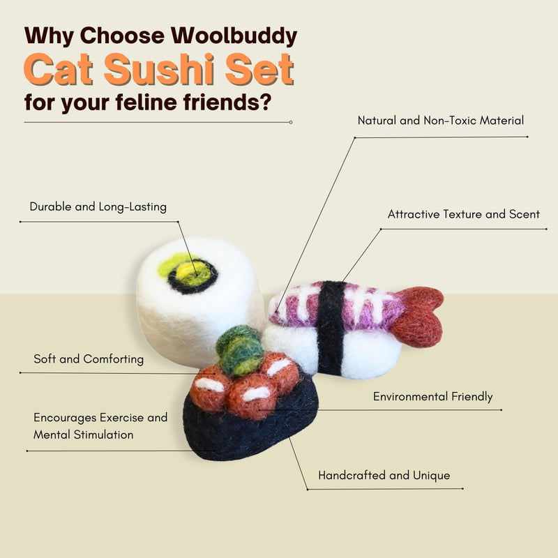 Woolbuddy Sushi Cat Toy Set â€“ Wool Felt Interactive Toys for Indoor Cats & Kittens, Catnip-Free, Durable, Cute Enrichment Toys for Bored Cats, Natural Wool Dental & Hunting Play (Small â€“ 9 Pcs) - Image 4
