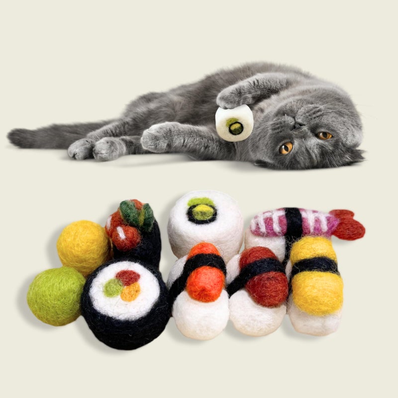 Woolbuddy Sushi Cat Toy Set â€“ Wool Felt Interactive Toys for Indoor Cats & Kittens, Catnip-Free, Durable, Cute Enrichment Toys for Bored Cats, Natural Wool Dental & Hunting Play (Small â€“ 9 Pcs) - Image 3
