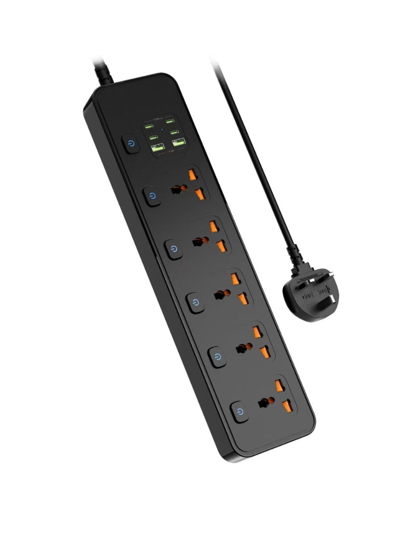 Beauenty Power Extension Strip 5 Outlets with 2 USB Ports – 2M Cable, Child Safety, Individual Switches, 2500W Load Capacity