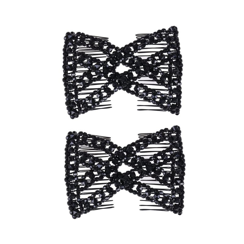 LOVEF 2 Pcs Black Stretch Flower Bow Glass Bead Hair Head Comb Cuff Double Clip