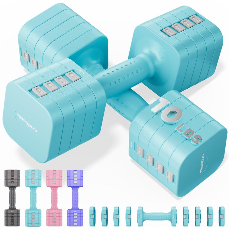 FEIERDUN 5-in-1 Adjustable Dumbbell Set of 2, 20LBS/10LBS Hand Weights for Women, 1s-Adjust Dual-Stable Dumbbell Set for Women Home Gym & Outdoor - Image 1