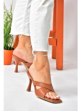 Fox Shoes Brown Cross-Strapped Thick Heeled Women's Slippers P590033009  - Image 1