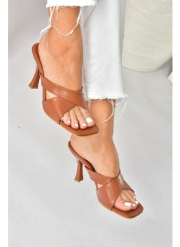 Fox Shoes Brown Cross-Strapped Thick Heeled Women's Slippers P590033009  - Image 2